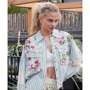 POL Striped Sage Floral Shacket